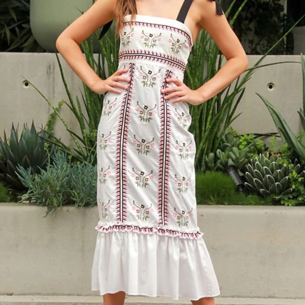 NEW WO LUG VON SIGA Greta Bow Straps Floral Embroidered Cotton Poplin Midi Dress